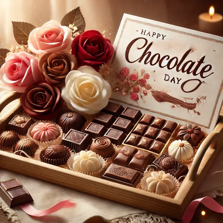 DALL·E 2025-02-08 23.58.25 - A beautifully arranged assortment of chocolates, including dark, milk, and white chocolates, elegantly placed on a wooden tray with roses and a Happy